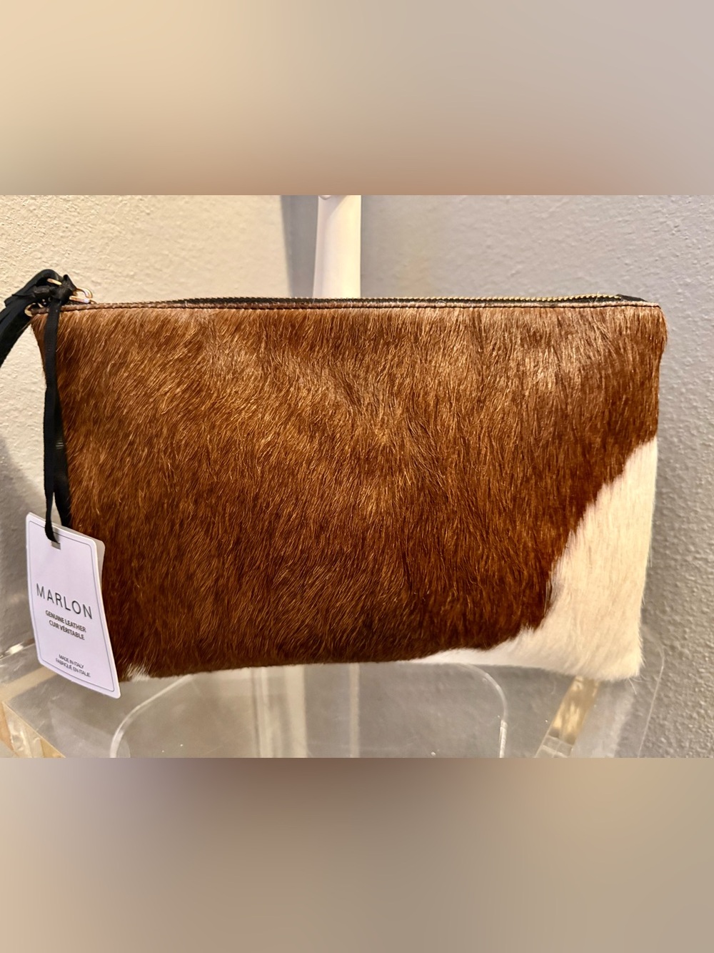 Marlon Haircalf Zip Wristlet Clutch in Chestnut Brown made in Italy.